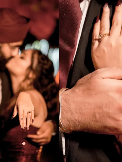 A collage capturing the kiss and the all-important ring, telling the story of the proposal in two frames.