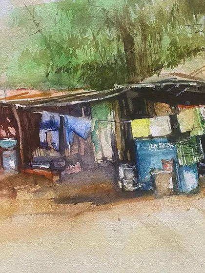 This is one of those watercolor paintings that never made it to Instagram, but I still love it. It captures a rustic, rural scene with clothes drying on a line, a slice of quiet, everyday life.
