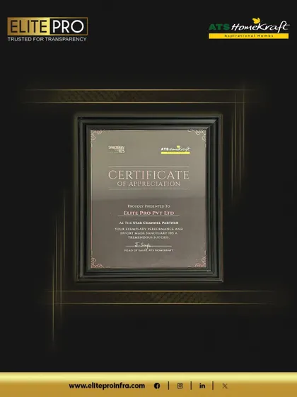 The Certificate of Appreciation from ATS HomeKraft, recognizing our unwavering performance. We value the trust placed in us by our developer partners and esteemed clients.