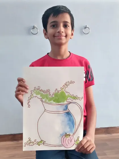 Ishan from 6th standard created this unique piece using watercolors and line art. The drawing shows a creative take on a still life, focusing on the outline and selective coloring.