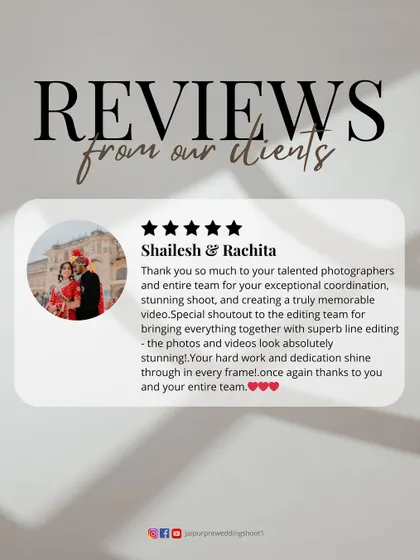 A heartfelt thank you from Shailesh and Rachita to our talented photographers and editing team for their exceptional coordination and for creating a truly memorable video and stunning photos.