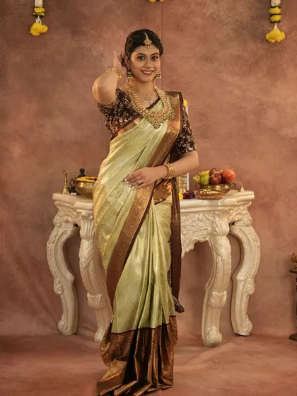 A unique combination of a light green tissue saree with a rich brown border and a printed blouse.