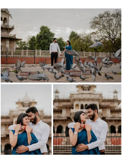 A fun and candid shot of Ranvijay and Kitti surrounded by pigeons at Albert Hall Museum, capturing a spontaneous and joyful moment.