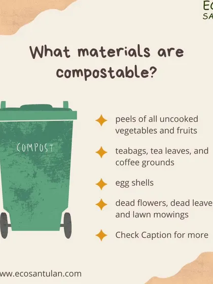 A common question I get is, "What can I compost?" This graphic provides a clear list of compostable materials, including vegetable peels, teabags, eggshells, and dead leaves, to help you get started.
