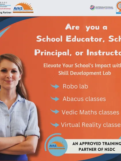 An advertisement for school educators and principals. It highlights how we can help elevate a school's impact by setting up skill development labs for Robotics, Abacus, Vedic Maths, and Virtual Reality.