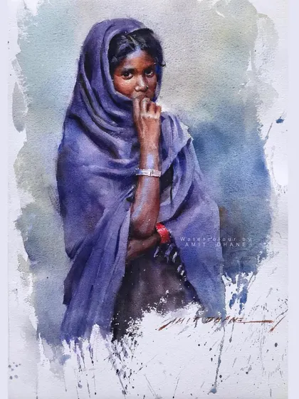A watercolour study of a young village girl. Her shy expression and the way she holds her scarf tell a story without words.