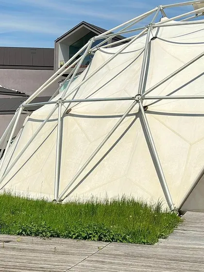 The exterior of the dome, showing how its geometric framework meets the ground. It is a lesson in how a complex structural system can result in a building of elemental simplicity.