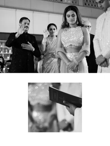 A black and white collage showing the solemnity of a Christian ceremony. It captures the parents' blessing and the reading of scripture, focusing on the spiritual aspects of the union.