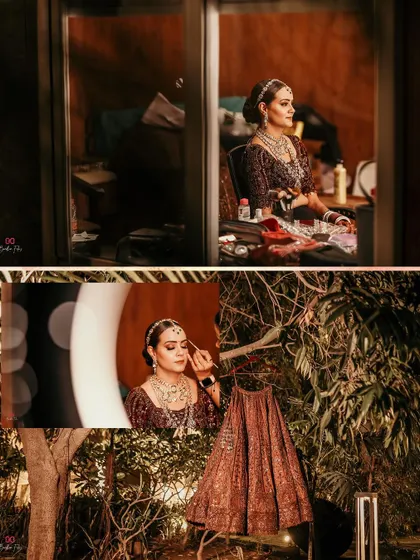 A collage of behind-the-scenes and final shots of the bride getting ready, showing the process and the beautiful result.