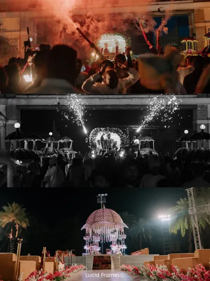 A collage capturing the grand scale of the wedding, from the baraat with fireworks to the stunning mandap.