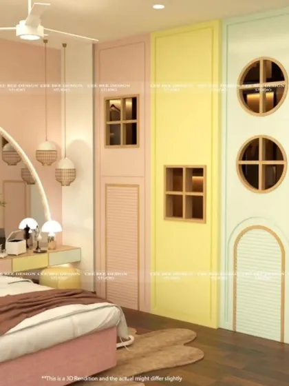 A 3D render of a whimsical dollhouse-themed kids' bedroom with pastel-colored wardrobes.