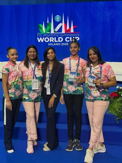 With the Indian team at the FIG World Cup in Milan. Moments like these, surrounded by dedicated athletes and coaches, are what make this journey so special.
