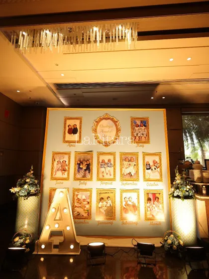 A personalized milestone board celebrating the first year of the twins' lives. Each month is showcased in a beautiful golden frame, creating a touching tribute for the family and guests to enjoy.