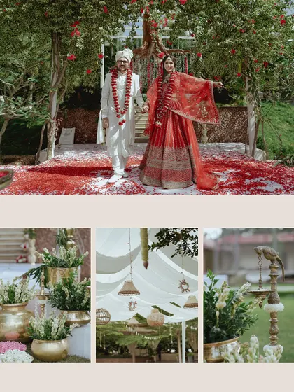 A collage of moments from Preshika and Aakash's serene wedding. From the couple's entrance to the beautiful decor, every detail was perfect.
