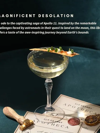 This is Magnificent Desolation, an ode to the Apollo 11 saga. It's a clear, crisp cocktail that offers a taste of the awe-inspiring journey beyond Earth's bounds.