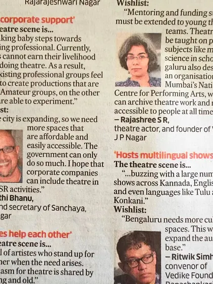 A snapshot from a Deccan Herald article on World Theatre Day, where our founder shares her wishlist for the Bengaluru theatre scene.