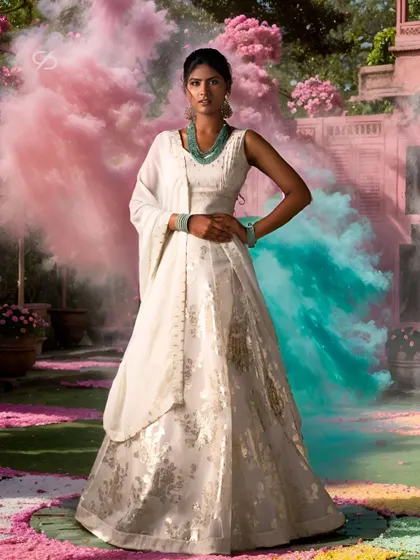 Embracing the vibrant spirit of Holi in pure elegance. This stunning white lehenga with gold foil prints offers a pristine and celebratory look for any grand occasion.