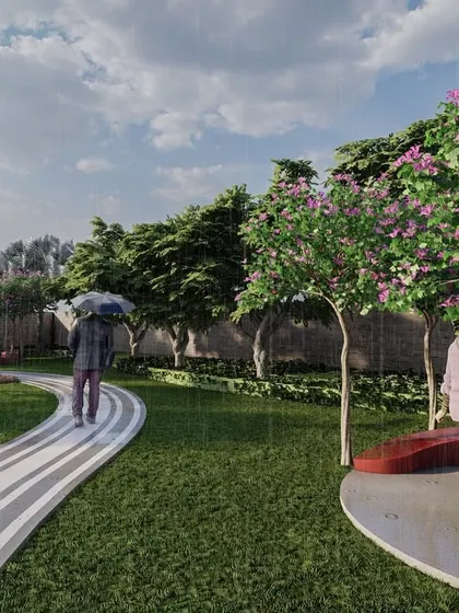 A render of 'The Sanctuary' showing the vision for the completed park, with mature flowering trees and comfortable seating along a striped pathway.