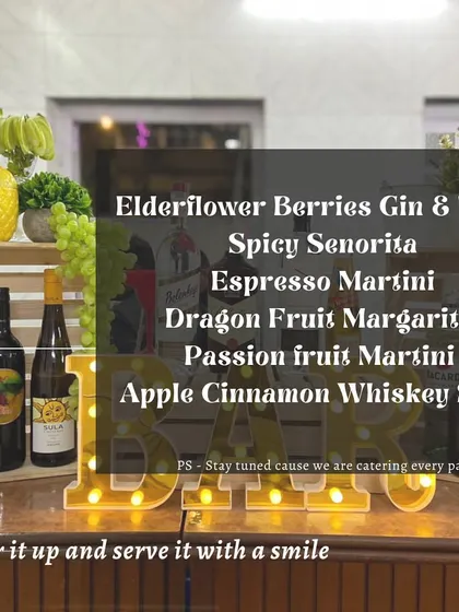 A glimpse of our extensive cocktail menu, featuring everything from an Elderflower Berries Gin & Tonic to a classic Apple Cinnamon Whiskey Sour.