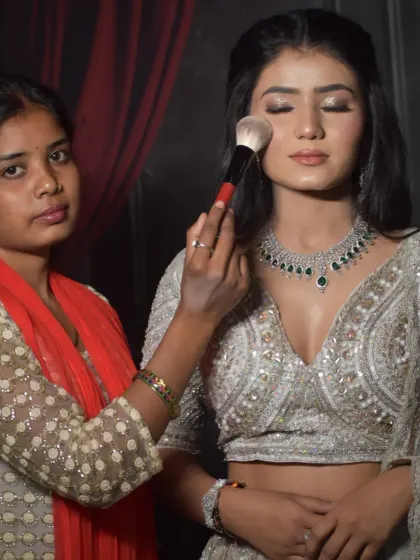 This is what hands-on practice looks like at my academy. Here, one of my students is perfecting a glamorous reception look on a model. My one-on-one classes give you the focused attention needed to master techniques for party and engagement makeup.