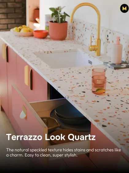 Terrazzo-look quartz is both stylish and practical. The natural speckled texture is great at hiding minor stains and scratches, making it easy to clean and perfect for a playful, modern kitchen.