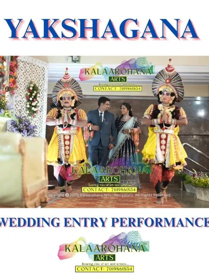 Another view of our Yakshagana wedding entry performance. The artists greet the couple with traditional gestures, providing a unique and auspicious start to their new journey together.