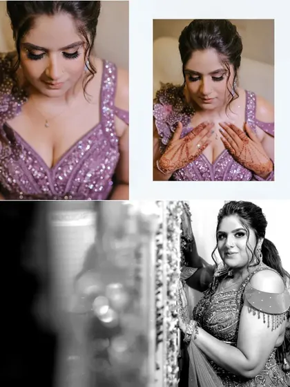 A collage of bride Anushka, showing close-ups of her makeup, henna, and elegant poses.