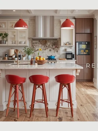 Red is a stimulating color that evokes passion and energy. Used as an accent, like these bar stools in a kitchen, it can add a vibrant and lively touch to a social space.