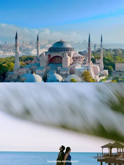 A creative composite image blending a shot of Istanbul's Blue Mosque with a serene beach portrait.
