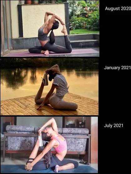 My journey with King Pigeon Pose (Rajakapotasana) from 2020 to 2021. Each photo represents a deeper opening in my back and shoulders, a direct result of consistent practice and patience.