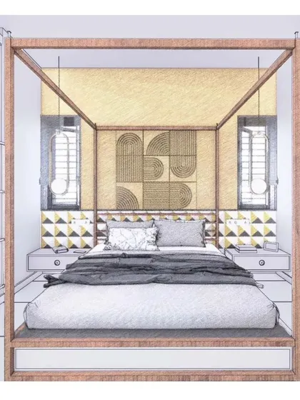 This bedroom sketch explores a four-poster bed design, combining it with geometric tiles and woven textures for a modern-bohemian feel.