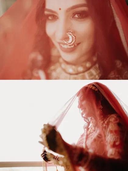 A collage of bridal portraits, capturing the bride's beauty through her veil. These shots create a soft, dreamy, and intimate feel.