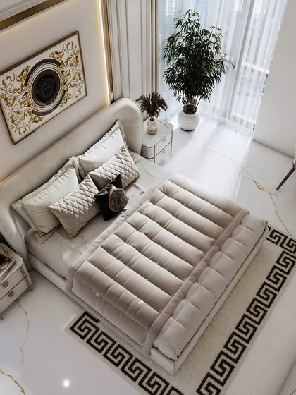 An overhead view of the neoclassical bedroom render, highlighting the chic workspace corner, white marble flooring, and statement art above the bed.