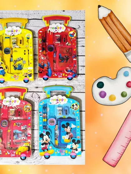 Another view of the popular trolley-shaped stationery sets, featuring characters like Minions, Spider-Man, Cars, and Mickey Mouse.