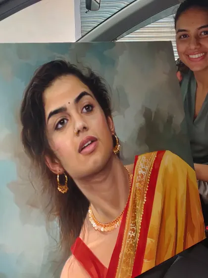 We turn cherished moments into timeless oil paintings. This commissioned portrait of actress Sanchita Poonacha captures her likeness with incredible detail and emotion. Our portrait service is a collaborative process, ensuring the final piece is a deeply personal and treasured heirloom.