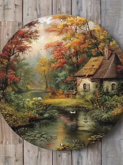 Our collection of circular landscape paintings offers a unique perspective on nature. These pieces, depicting everything from serene meadows and tranquil lakes to rustic farmhouses, are perfect for creating a charming focal point on any wall.