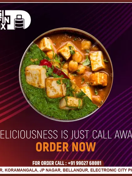 Deliciousness is just a call away. This image creatively combines two of my popular vegetarian dishes, Palak Paneer and a chickpea-paneer curry, showing the variety of flavors I offer.