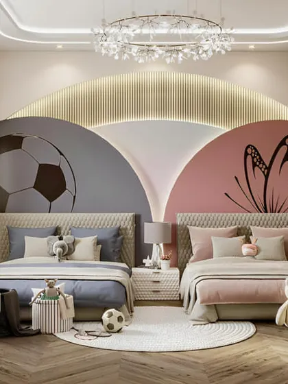 This beautiful shared bedroom is designed for a brother and sister, with distinct butterfly and soccer themes that come together under a stylish, unified headboard. It’s a perfect example of creating personal space within a shared room.