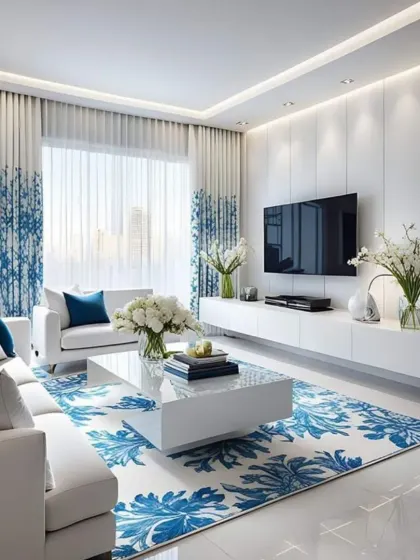A fresh and bright living room design where white furniture is accented with a blue floral rug and matching cushions. The floating media console keeps the floor space clear, enhancing the room's airy and open feel.