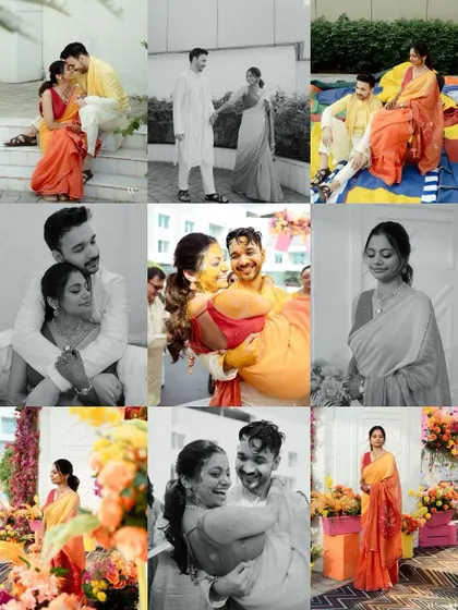 A beautiful collage from a Haldi ceremony, showing a mix of playful, candid, and romantic moments. It includes shots of the couple sharing quiet time and being joyfully covered in turmeric.