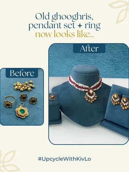 The before and after of a creative upcycle. Old ghooghris, a pendant set, and a ring were combined and redesigned into a beautiful new polki set with a necklace, earrings, and ring.