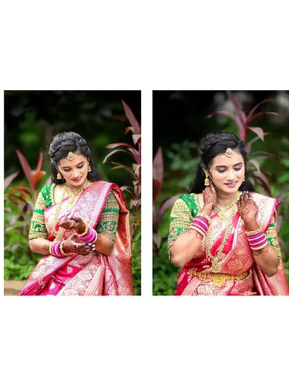 Two portraits of the bride in her traditional pink silk saree. These shots focus on the intricate embroidery of her blouse and her beautiful gold jewelry.