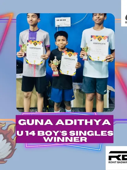 Celebrating our Battledore Arena student, Guna Adithya, for winning the U-14 Boy's Singles title. It's great to see our players excel across different venues.