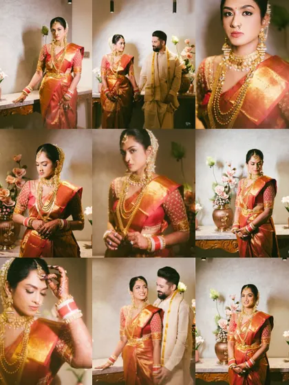A collage of stunning portraits of a South Indian bride in her traditional red and gold Kanjeevaram saree. These images showcase her elegance and the richness of her attire.
