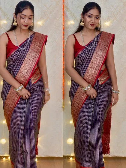 A full-length view of my mom's vintage reception saree. Paired with a simple red sleeveless blouse and a pearl necklace, this look is a beautiful tribute to her classic style.