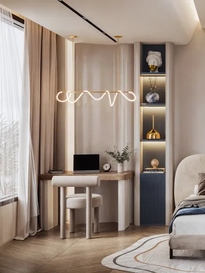 This shot highlights the compact and stylish study nook, with a custom neon light adding a personal touch.