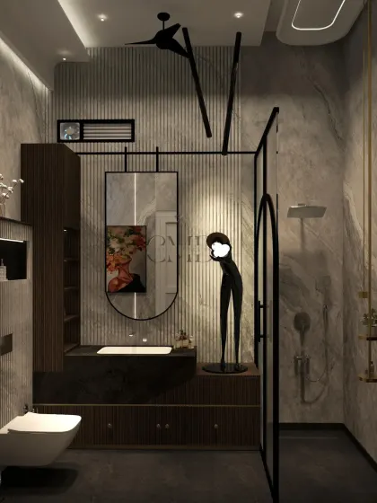 A wide view of the master washroom, showcasing the curved ceiling with cove lighting and a sculptural floor lamp.