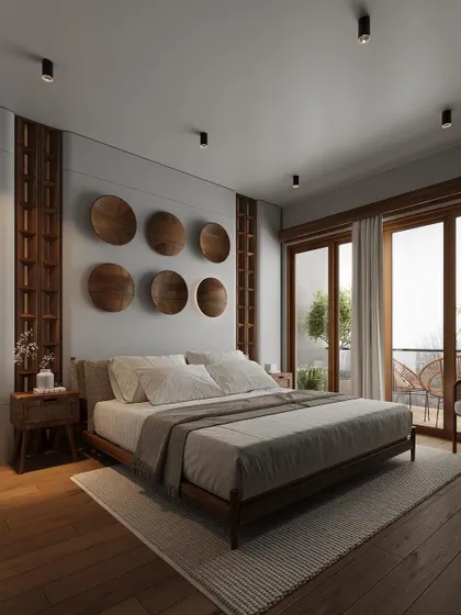A similar bedroom design with a lighter grey wall, showing the versatility of the wooden art and shelving concept.