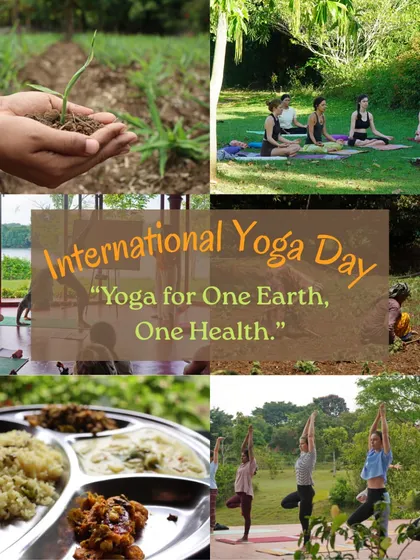 A collage celebrating International Yoga Day. It reminds us that yoga is about connection with ourselves, each other, and the Earth.