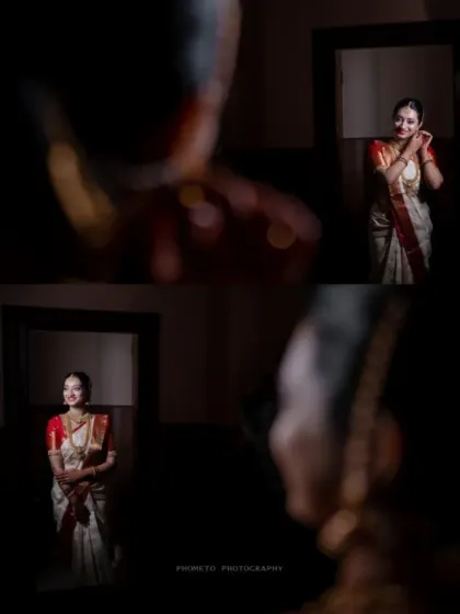A collage of artistic shots of the bride getting ready, using shadows and reflections to create a moody and beautiful effect.